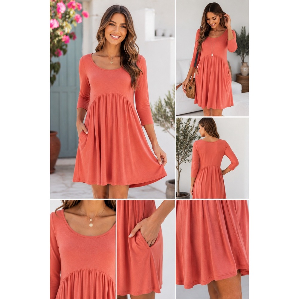 Coral Empire Waist Dress Small 3/4 Sleeve Fit Flare Rayon Blend Pockets USA